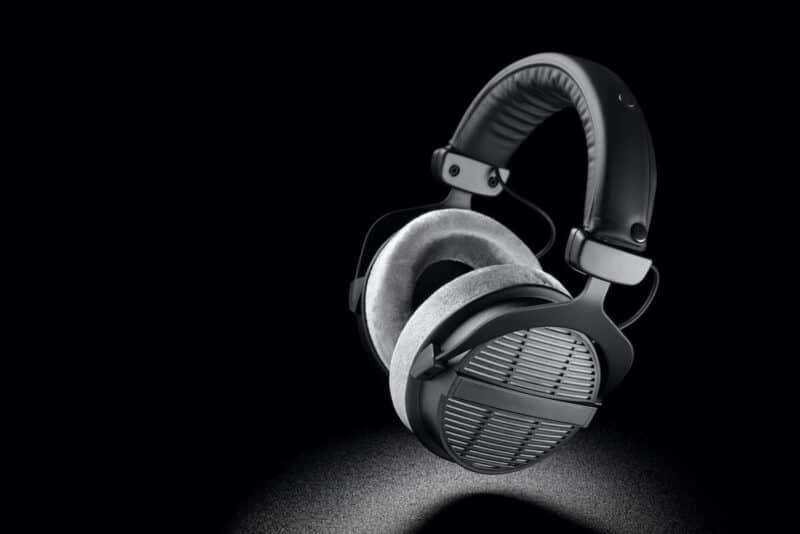 Professional over-ear headphones on black background