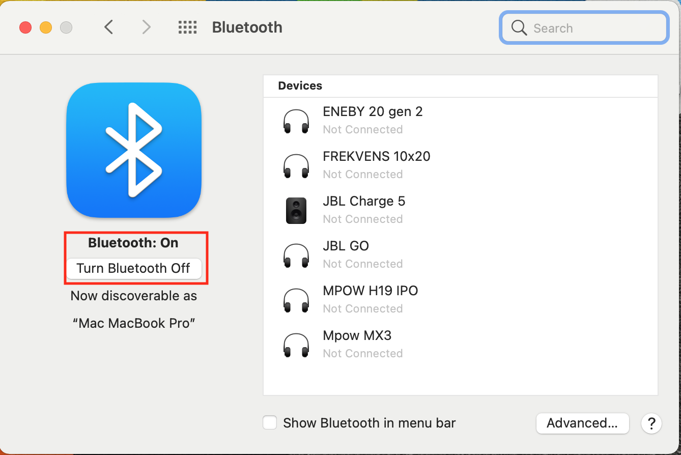 bluetooth on