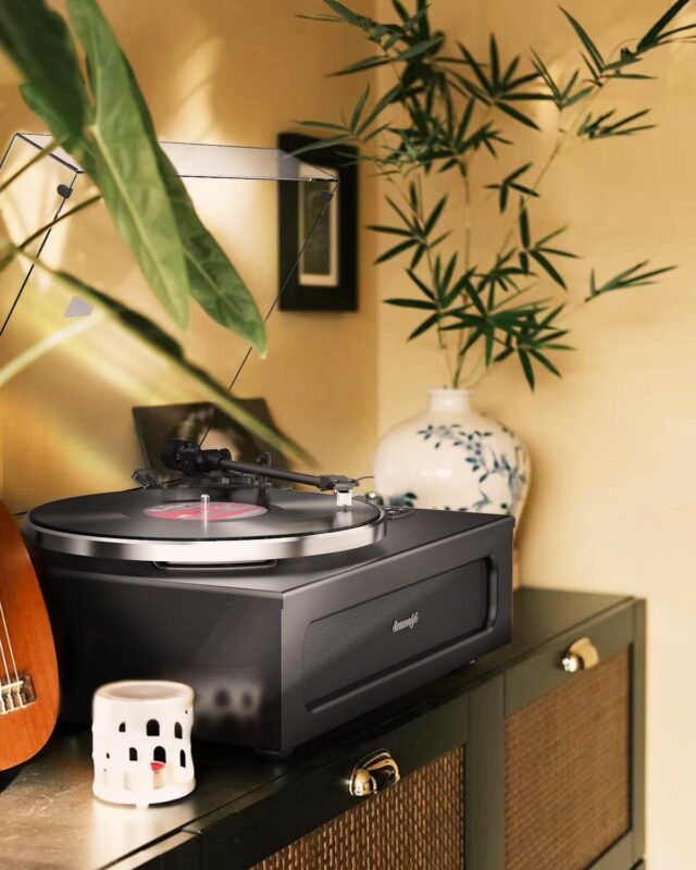 All-in-One Turntable with Built-in Speakers, Bluetooth, Auto Stop, Belt Drive, MM Cartridge, and Vintage Styling - For Vinyl Records