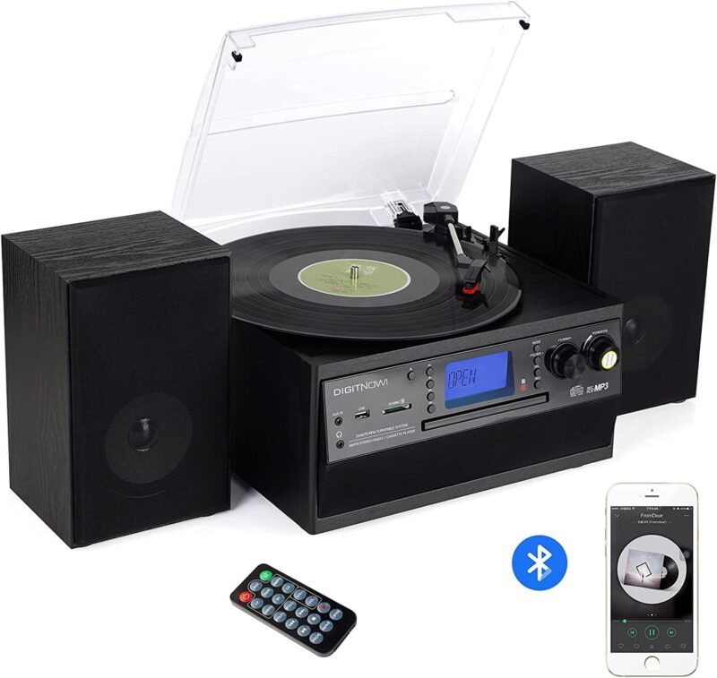 DIGITNOW Bluetooth Record Player Turntable with Stereo Speaker, LP Vinyl to MP3 Converter with CD, Cassette, Radio, Aux in and USB/SD Encoding, Remote Control, Audio Music Player Built in Amplifier