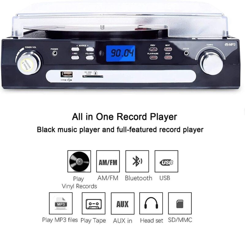 DIGITNOW Bluetooth Record Player with Stereo Speakers, Turntable for Vinyl to MP3 with Cassette Play, AM/FM Radio, Remote Control, USB/SD Encoding, 3.5mm Music Output Jack(Black)