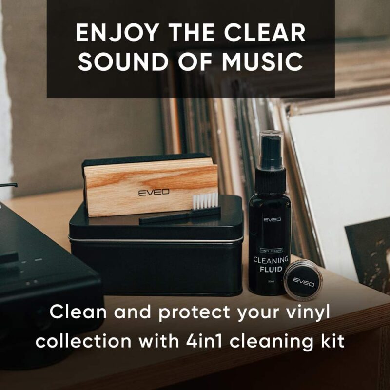 EVEO Premium Vinyl Record Cleaner Kit - Complete 4-in-1 Vinyl Records Cleaning Kit for Records Albums-Includes Soft Velvet Record Brush,Cleaning Liquid,Duster Turntable Stylus Cleaning Gel