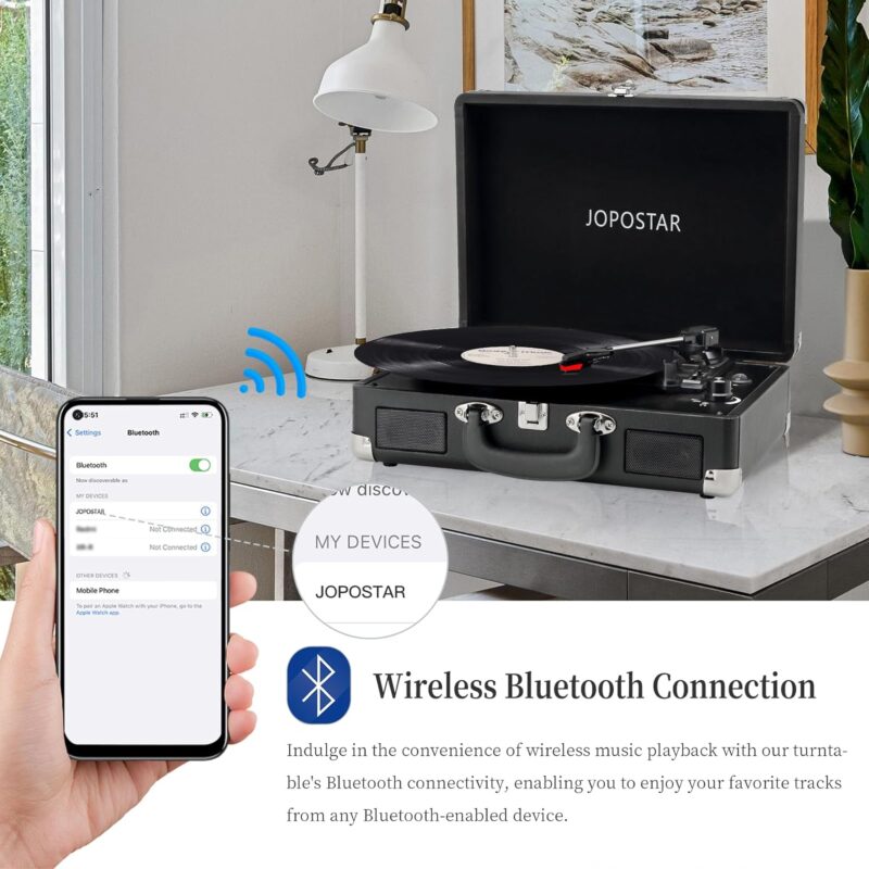 JOPOSTAR Vintage Vinyl Record Player 3 Speed Turntable Portable Suitcase with Bluetooth Built in Battery Stereo Speakers 3.5mm Headphone Jack, Black, T316