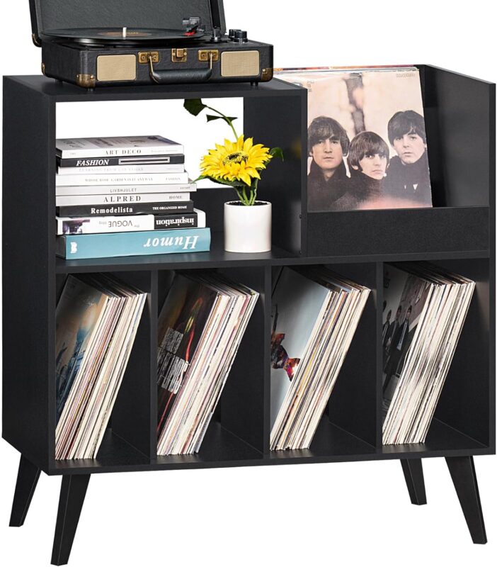 LELELINKY Large Record Player Stand, Turntable Stand with Storage, Vinyl Record Holder with Display Area, Record Player Table Holds Up to 300 Albums, Record Stand for Music room Living Room-Reto Black