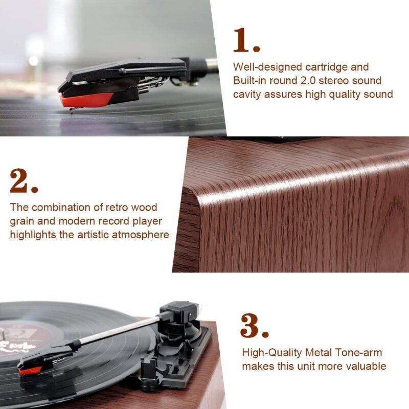 Record Player, FYDEE Bluetooth Turntable with 2 Built-in Stereo Speakers, 3-Speed 33/45/78 RPM LP Vinyl Player, Vintage Vinyl Turntable Player Supports Headphone Jack/Aux Input/RCA Out - Natural Wood