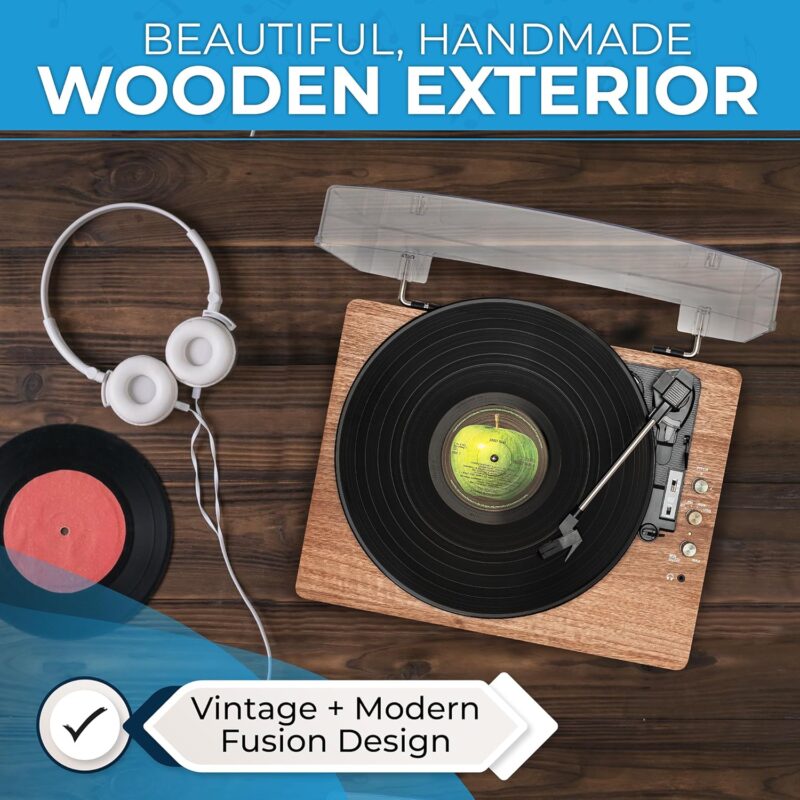 SoundBeast Retro Wooden Turntable with 3 Speed Vinyl Record Player, Built-in Stereo Speakers, Bluetooth, Aux in, USB Playback,  USB Recording to MP3