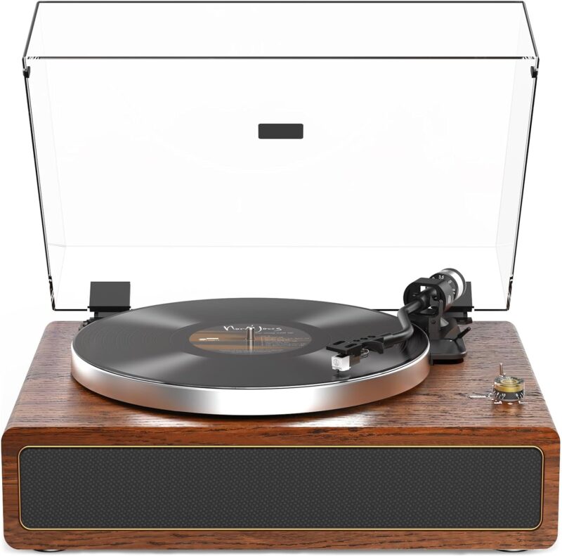 Turntable Record Player with Built-in Speakers, Vinyl Record Player Support Bluetooth Playback Auto Stop 3345 RPM Speed RCA Line Out AUX in All-in-one Belt-Drive Turntable for Vinyl Records