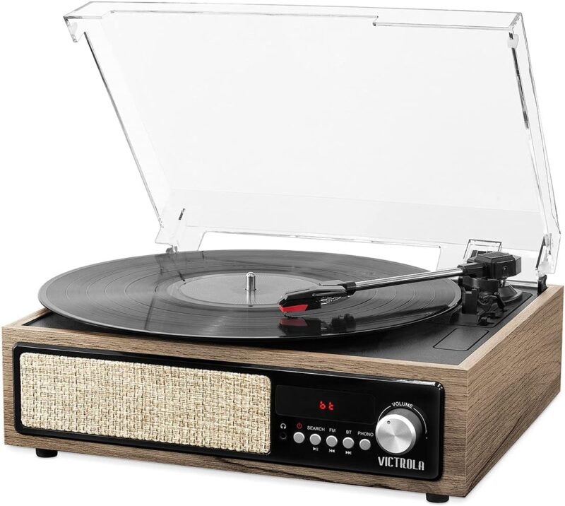 Victrola 3-in-1 Bluetooth Record Player with Built in Speakers and 3-Speed Turntable, Farmhouse Walnut