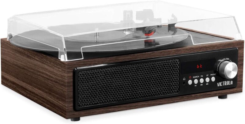 Victrola 3-in-1 Bluetooth Record Player with Built in Speakers and 3-Speed Turntable, Farmhouse Walnut