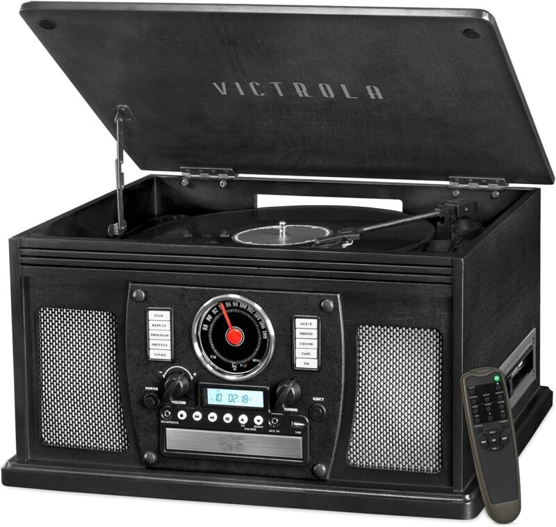 Victrola 8-in-1 Bluetooth Record Player  Multimedia Center, Built-in Stereo Speakers - Turntable, Wireless Music Streaming, Real Wood | Mahogany