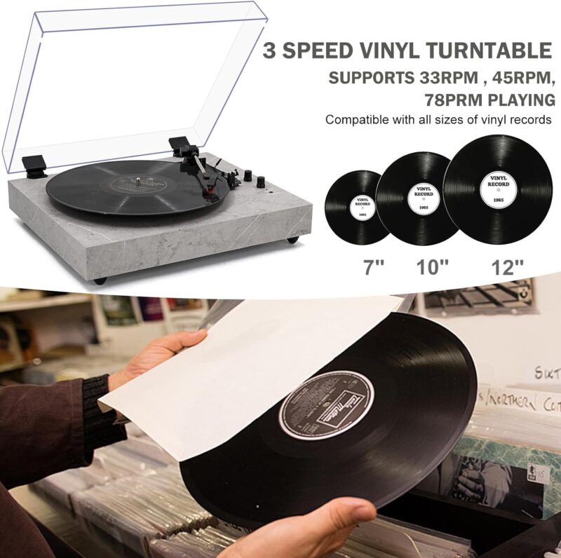 Vintage 3-Speed Turntable Bluetooth Input Record Player Vinyl Record Player with Twin Built-in Stereo Speakers,Auto Stop,RCA Output, Full Size Platter,Acrylic Dust Cover,Black Marble