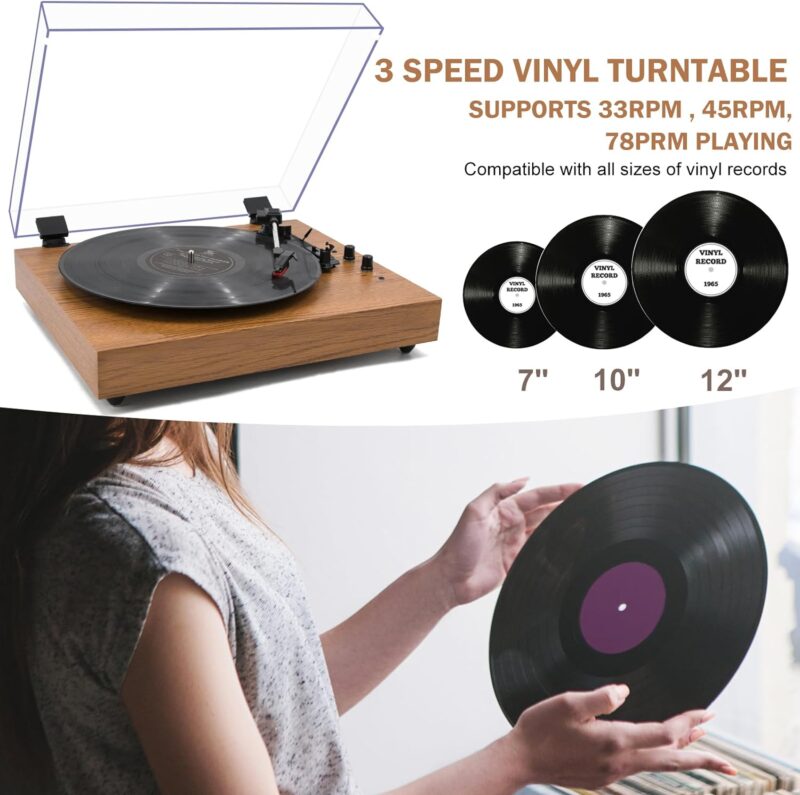 Vintage 3-Speed Turntable Bluetooth Input Record Player Vinyl Record Player with Twin Built-in Stereo Speakers,Auto Stop,RCA Output, Full Size Platter,Acrylic Dust Cover,Black Marble