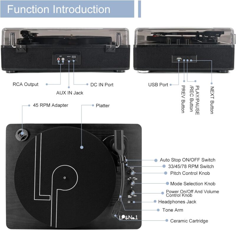 Vinyl Record Player 3-Speed Belt-Drive Turntable with Stereo Speakers and USB PlayRecording (Light Wood)