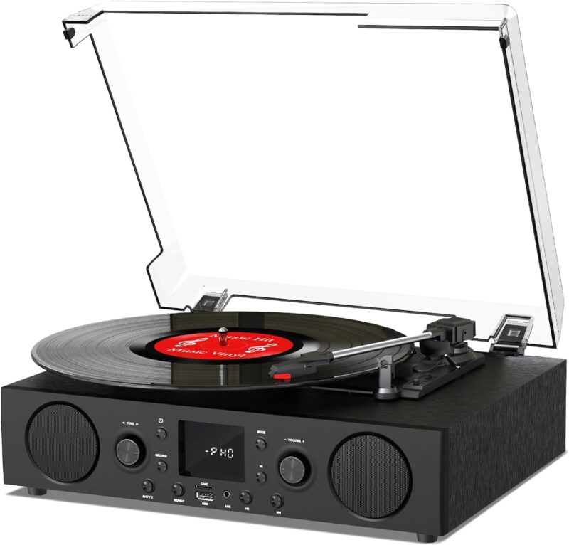 Vinyl Record Player 3 Speed Bluetooth Turntable with Built-in Speakers, USB Recording, FM Radio, RCA Line Out, Aux-in, Vintage Record Player for 33 45 78 RPM Vinyl Records, Black