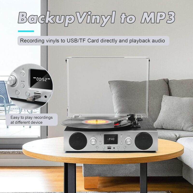 Vinyl Record Player 3 Speed Bluetooth Turntable with Built-in Speakers, USB Recording, FM Radio, RCA Line Out, Aux-in, Vintage Record Player for 33 45 78 RPM Vinyl Records, Black