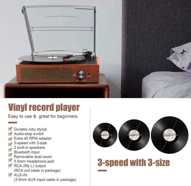 Vinyl Record Player Turntable with Built-in Bluetooth Receiver  2 Stereo Speakers, 3 Speed 3 Size Portable Retro Record Player for Entertainment and Home Decoration(Orange)