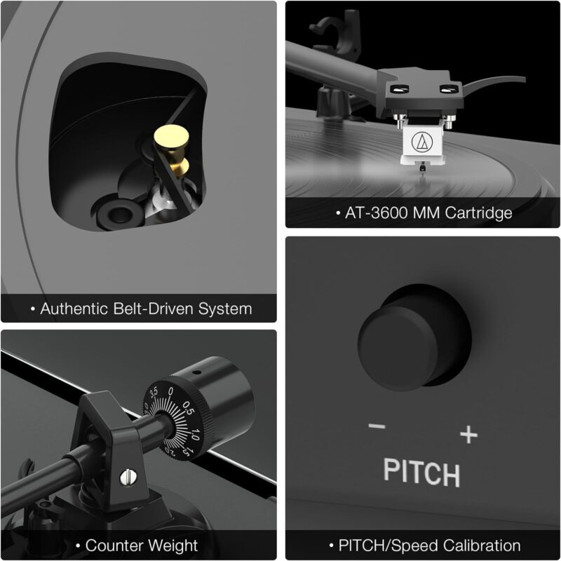 Vinyl Record Player with Bluetooth Output,Belt-Drive Turntable with USB Recording Magnetic Cartridge Supports Counter Weight,Pitch and 3345 RPM Speed