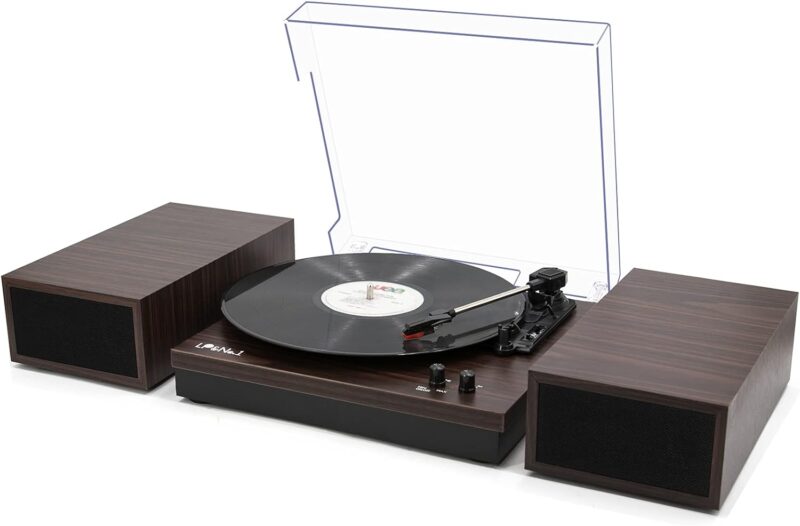 Vinyl Record Player with External Speakers, 3-Speed Belt-Drive Turntable, Vintage Vinyl LP Player with Wireless Input, Auto-Stop Switch, RCA for Music Lover  Home Decoration,Dark Brown Wood