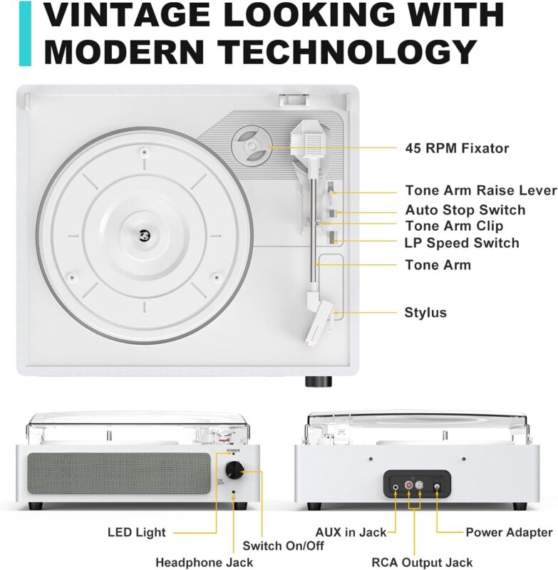 Vinyl Record Player with Speakers Vintage Turntable for Vinyl Records Belt-Driven Turntable Support 3-Speed, Wireless Playback, Headphone, AUX-in, RCA Line LP Vinyl Players for Sound Enjoyment Black