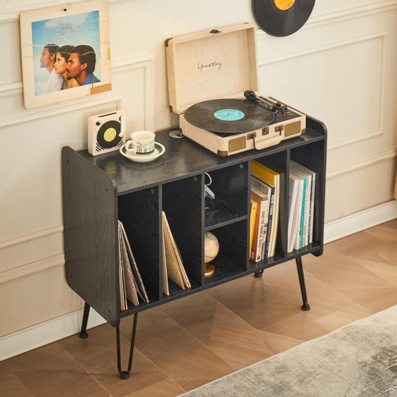 Large Record Player Stand, Alessing Record Player Stand with Vinyl Storage,Mid-Century Record Player Table with 6 Cabinet Holds Up to 200 Albums for Living Room Bedroom Office-Black