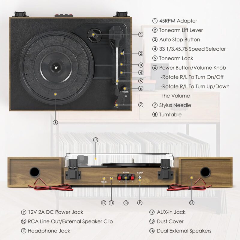 Record Player for Vinyl with External Speakers, Belt-Drive Turntable with Dual Stereo Speakers Vintage Vinyl LP Player Support 3 Speed Wireless AUX Headphone Input Auto Stop Wood Walnut Red