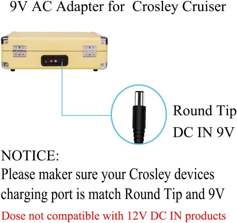 Replacement for Crosley Record Player Power Cord, 9V 2A Adapter Charger Compatible with Crosley Cruiser Portable Turntable Record Player CR8005A I II III Series UL Listed