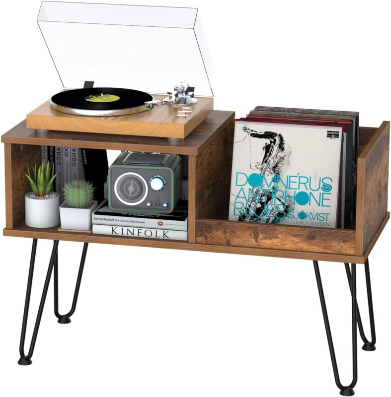 Tohomeor Vinyl Record Player Stand Turntable Stand with Metal Dividers and Legs LPs Album Storage Cabinet Media Audio Video Turntables Stand End Table Nightstand for Bedroom Living Room Office (Brown)