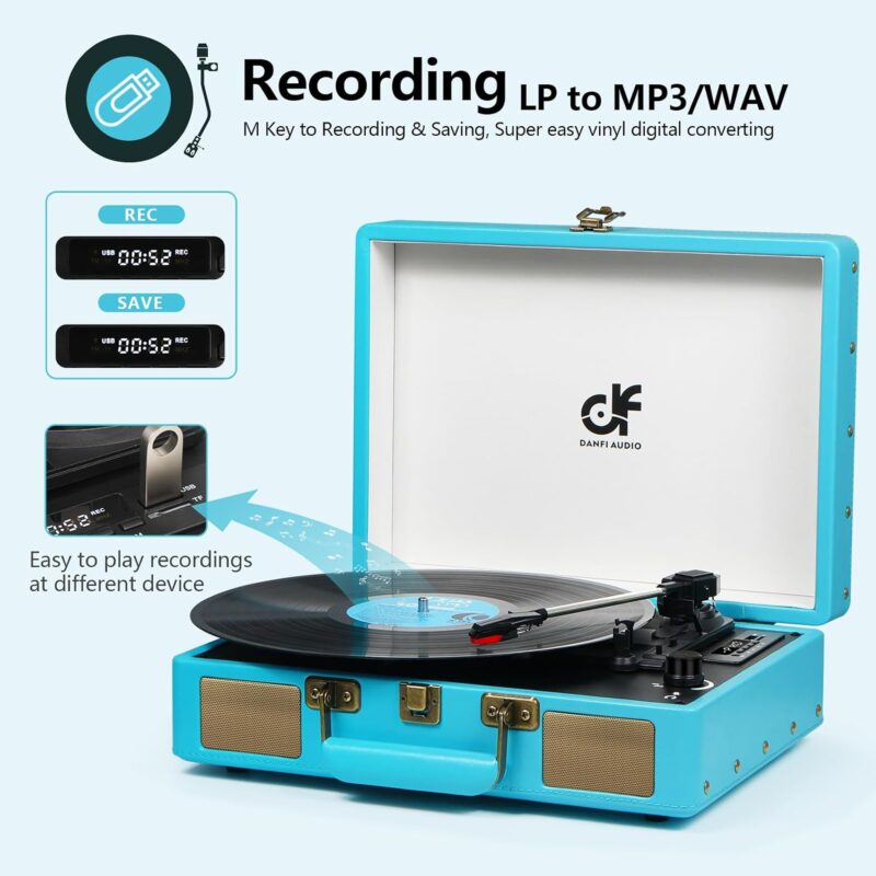 Vintage Bluetooth Suitcase Record Player with Built-in Speakers, 3 Speed Portable Turntable with USB Vinyl Audio Recorder RCA AUX-in  Headphone Jack (Pink, 2024 New Version)
