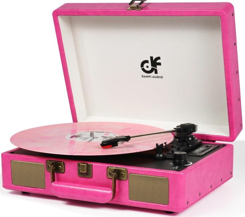 Vintage Bluetooth Suitcase Record Player with Built-in Speakers, 3 Speed Portable Turntable with USB Vinyl Audio Recorder RCA AUX-in  Headphone Jack (Pink, 2024 New Version)