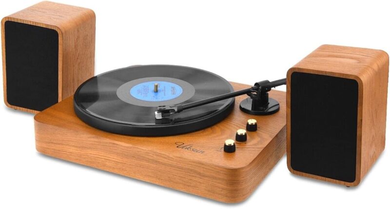 Voksun 3-Speed Precision Turntable with Dual 15 Watt Speakers, High Fidelity Vinyl Record Player with Magnetic Cartridge, Belt-Drive, Bluetooth, Natural Walnut